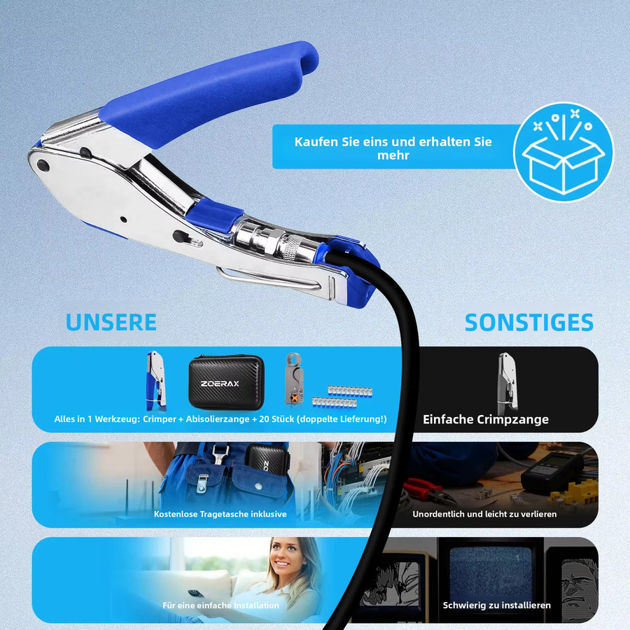 ZoeRax Koaxial-Kompressionswerkzeug-Set mit Crimper-Zange, Abisolierwerkzeug und 20 RG6 F-Steckern - Bild 2