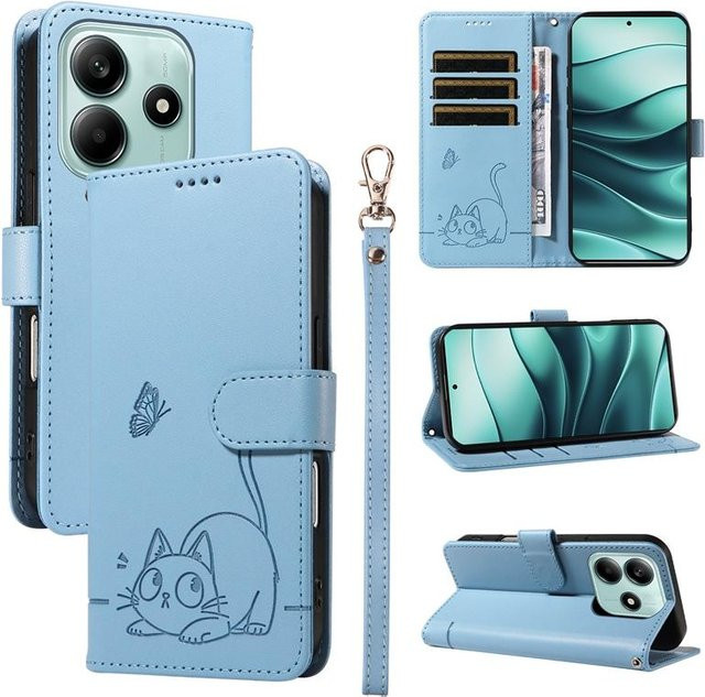 Magnetische Leder-Brieftasche Flip Cover Hülle für Xiaomi Redmi Note 13 5G mit geprägtem Katze & Schmetterling Design in Blau - Bild 1