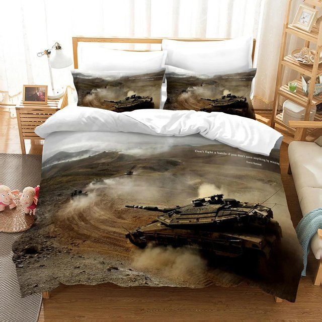Bettwäscheset Lodestar mit 3D Kriegspanzer Motiv für Kinder, bestehend aus Bettdeckenbezug und Kissenbezug, Farbe Braun, B/H: 70 x 133 cm - Bild 1