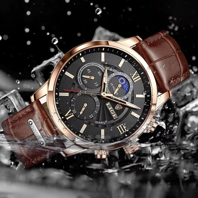 LIGE Armbanduhr Leder, Quarz, Schwarz, Roségold, Herren - Bild 4