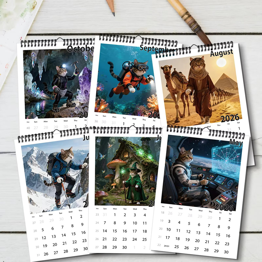 A4-Wandkalender 2026 mit süßen Katzen Motiven, 12 verschiedene Muster, Mehrfarbig - Bild 5