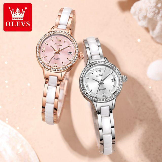 OLEVS Armbanduhr, Quarz, Keramikarmband, Blau, Roségold, Damen - Bild 1