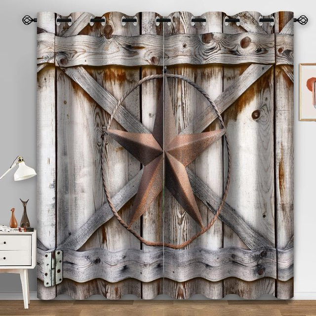 2-teiliges Western Cowboy Vorhang-Set mit Holzoptik, braun, halbtransparent, Polyester, B: 140 cm, H: 160 cm - Bild 1