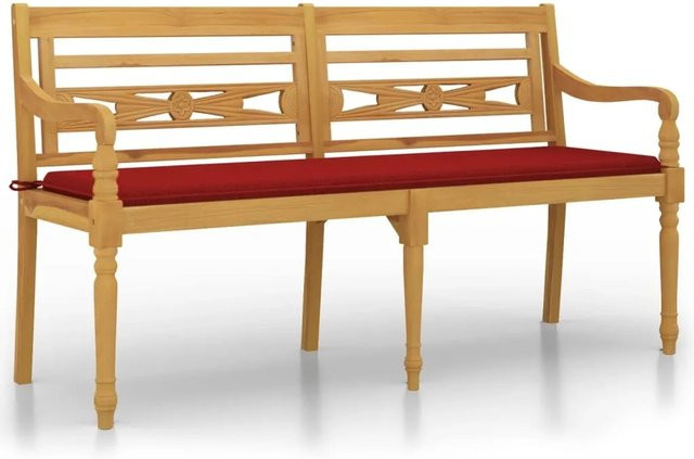 vidaXL Batavia Gartenbank aus Teakholz mit rotem Kissen, Farbe: Braun, Breite: 150 cm - Bild 1