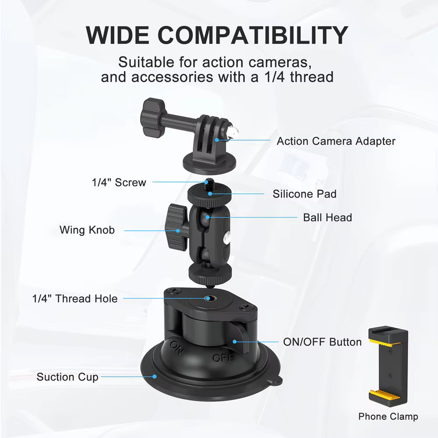 MINIFOCUS Kamera-Saugnapfhalterung mit Kugelkopf und Magic Arm in Schwarz für Auto-Windschutzscheibe und Armaturenbrett, kompatibel mit GoPro, DJI OSMO Pocket 3 und Mobiltelefonen - Bild 3