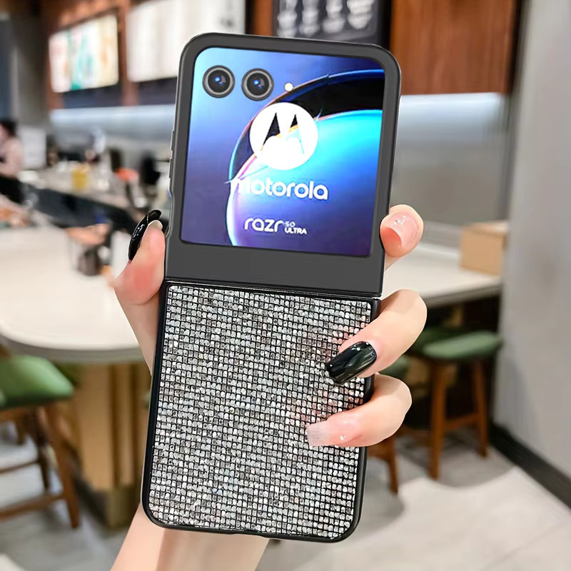Luxuriöse Glitzer-Gitter-Leder-Handyhülle für Motorola Razr 40, 50 und 60 Ultra in Weiß, stoßfeste Schutzhülle aus hartem PC - Bild 2