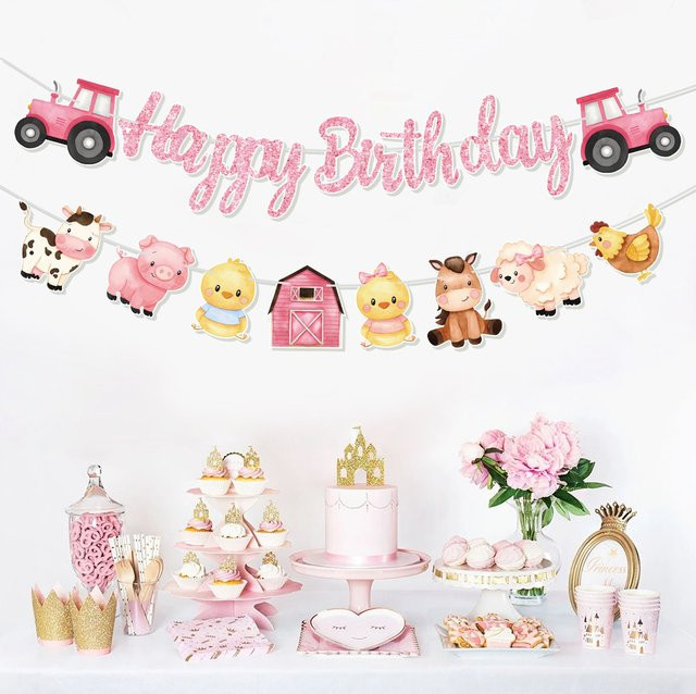 Wayfun Geburtstag Banner Rosa Bauernhoftiere Wimpel Dekoration aus Papier - Bild 1