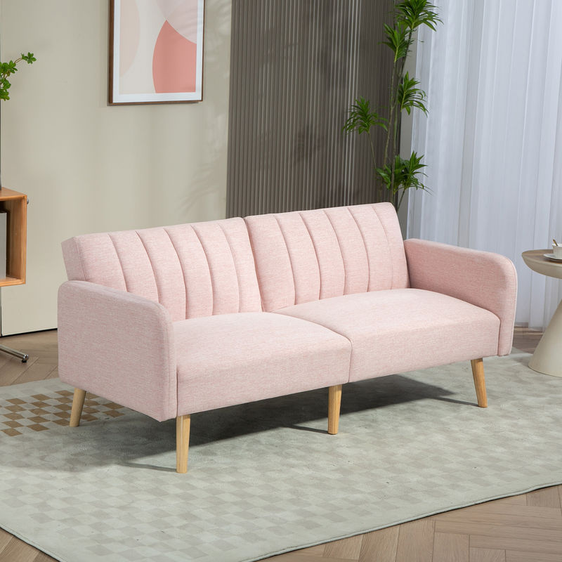 Aosom HOMCOM Schlafsofa 2-Sitzer im skandinavischen Design mit 3-fach verstellbarer Rückenlehne, Leinenoptik aus Stoff in Rosa und Holzfüßen aus Gummholz - Bild 2