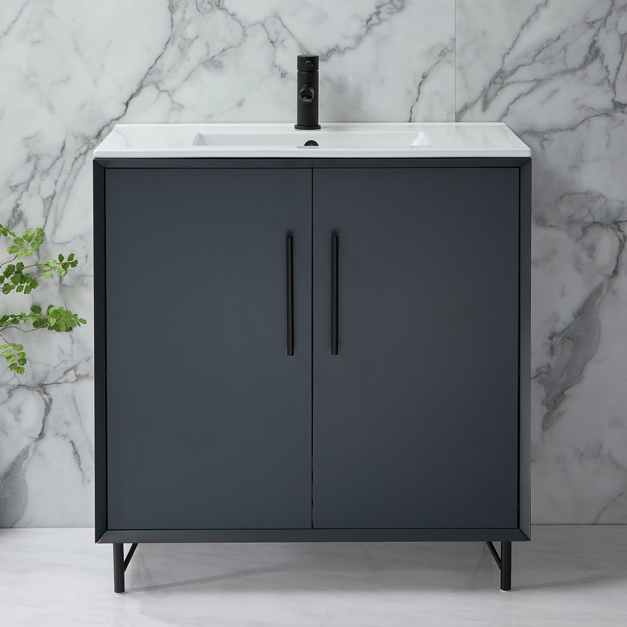 Waschtischunterschrank mit Waschbecken HudsonReed Edge in Anthrazit mit schwarzen Griffen und Soft-Close-Türen, Breite: 81 cm - Bild 1