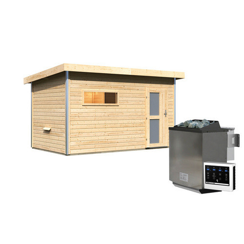 KARIBU Saunahaus Schwanenburg 3 aus Fichtenholz in Beige mit 9 kW Bio-Kombi-Ofen und externer Steuerung, B/T/H: 393 x 231 x 239 cm - Bild 2