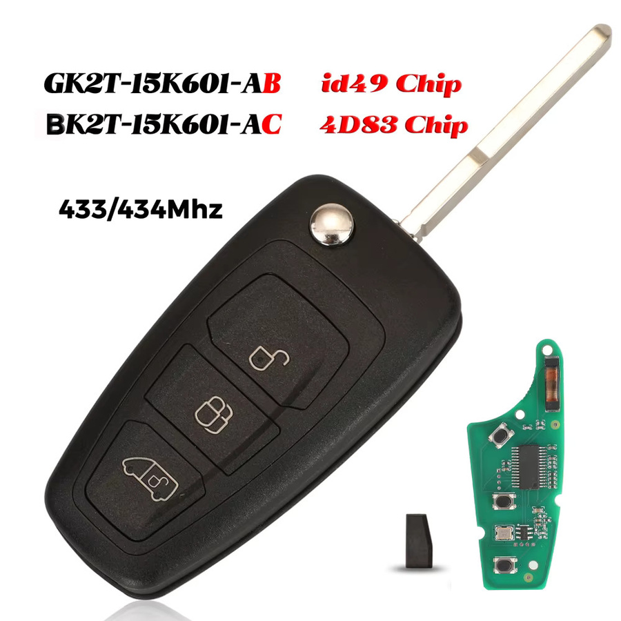 Jingyuqin Flip Remote Auto Key für Ford Tourneo Custom 2015, 3 Tasten, 433MHz, ID49/4D83 Chip, Schwarz - Bild 2