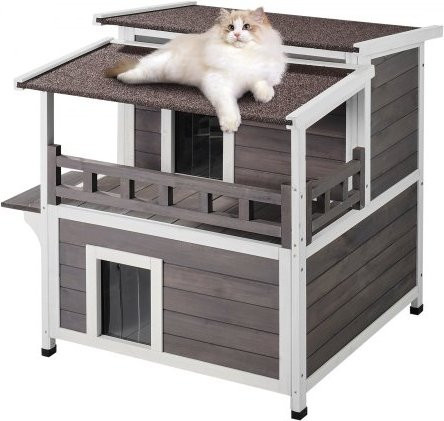 VEVOR Katzenhaus für draußen aus Zeder mit Balkon und wetterfestem Dach, 2-stöckiger Katzenunterschlupf aus Holz, B/T/H: 76,2 x 76,2 x 81,3 cm - Bild 1