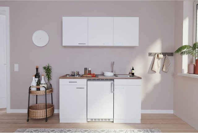 Respekta Küchenzeile KB150WW in Weiß Glänzend mit Schränken und Schubladen, B: 150 cm, H: 200 cm, T: 60 cm - Bild 1