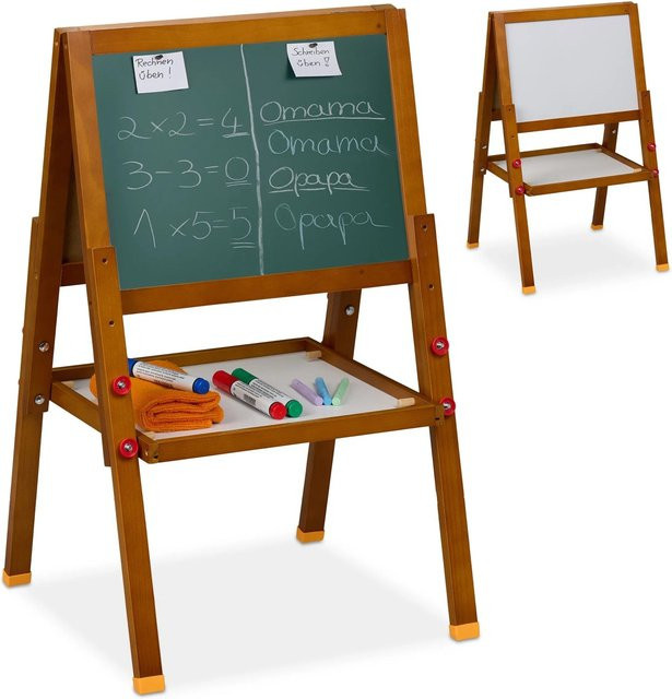 Relaxdays Kinderstandtafel Whiteboard aus Kiefernholz und MDF, Magnetisch und Höhenverstellbar, Braun Weiß Grün, B/T/H: 77 x 39 x 44,5 cm - Bild 1