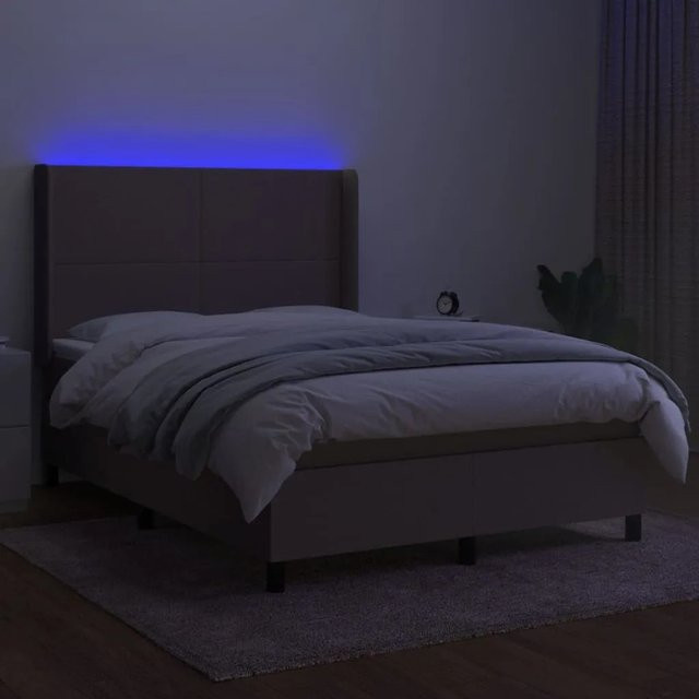 vidaXL Boxspringbett mit Matratze und LED-Unterbettbeleuchtung in Beige, Hybrid-Matratze mit Taschenfederkern und USB-Ladeport, B/T: 140 x 200 cm - Bild 1