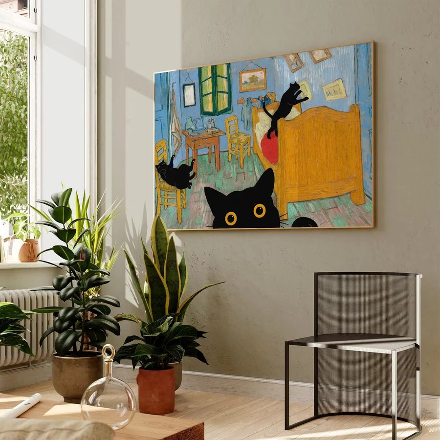 Wandkunst Poster mit schwarzen Katzen im Van Gogh Stil ohne Rahmen in Schwarz - Bild 4