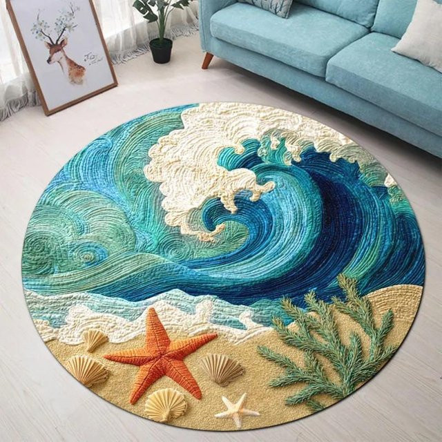 Runder Teppich Meeresufer Gelassenheit von Lodestar mit blauem Wellenmuster und Sandstrand-Design, Durchmesser: 80 cm - Bild 1