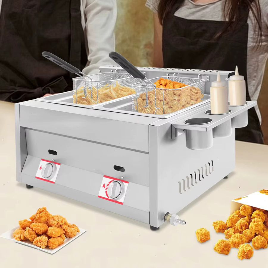 Bymaocar Gewerbliche Gas-Fritteuse mit Doppelbehälter in Silber, 2 x 6 l Kapazität, temperaturregulierbar - Bild 2