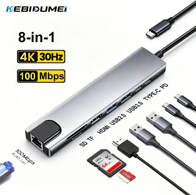 KEBIDUMEI 8-in-1 USB-C Dockingstation mit HDMI 4K, RJ45 Ethernet, SD/TF Kartenleser und PD 100W für Laptop und Macbook - Bild 1