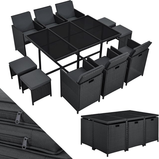 Juskys Polyrattan Essgruppe Baracoa XL 11-teilig in Schwarz mit Glas und Stahl - Bild 1