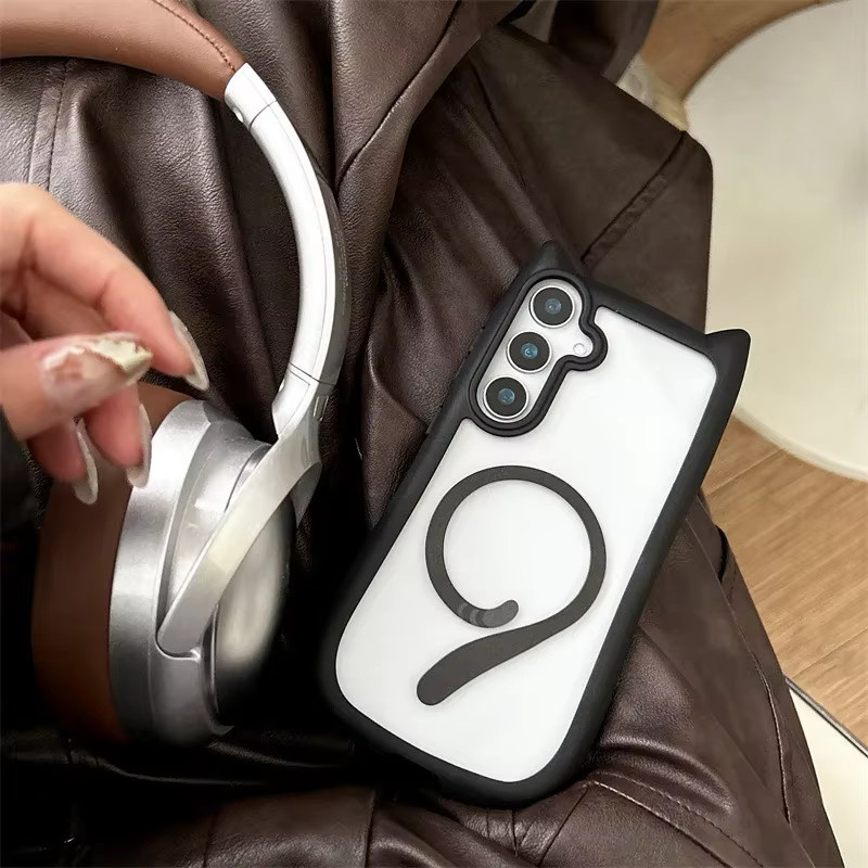 Magnetische Cartoon Katze Handyhülle für Samsung Galaxy S25 S24 S23 Plus in Schwarz, Stoßfeste Schutzhülle mit kabellosem Laden - Bild 2