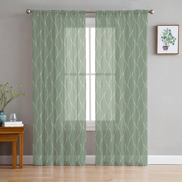 Transparente Tüll Vorhänge mit Wellenlinien in Salbeigrün aus Organza für Wohnzimmer und Küche, B: 135 cm, H: 245 cm - Bild 1