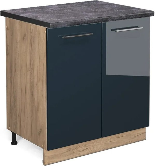 Vicco Spülenunterschrank Fame-Line in Dunkelblau Hochglanz und Eiche mit Arbeitsplatte in Anthrazit, Breite: 80 cm - Bild 1