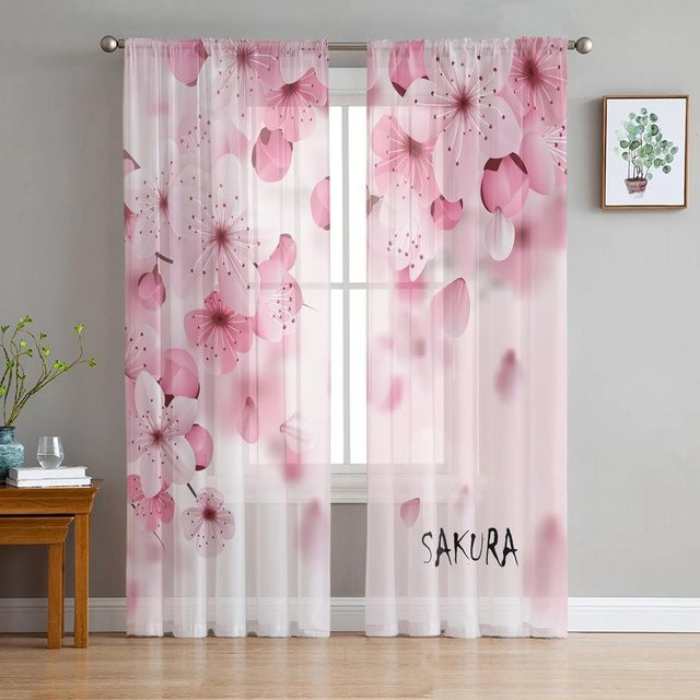 Yiran Furniture Transparenter Tüllvorhang mit Kirschblüten-Design in Aquarell Rosa, Breite: 135 cm, Höhe: 115 cm - Bild 1