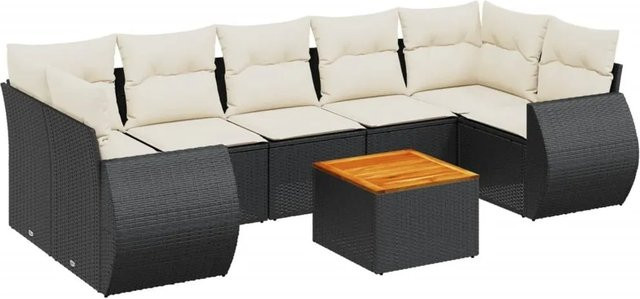 vidaXL 8-tlg. Garten-Sofagarnitur in L-Form mit Kissen und Couchtisch, Schwarz, Poly-Rattan und Metallgestell - Bild 1