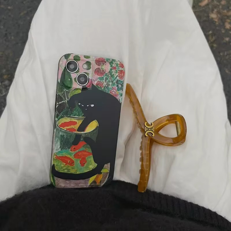 Retro Ölgemälde Schwarze Katze Silikon Handyhülle für iPhone 11 bis 17 Pro Max mini SE, Schwarz/Mehrfarbig - Bild 2