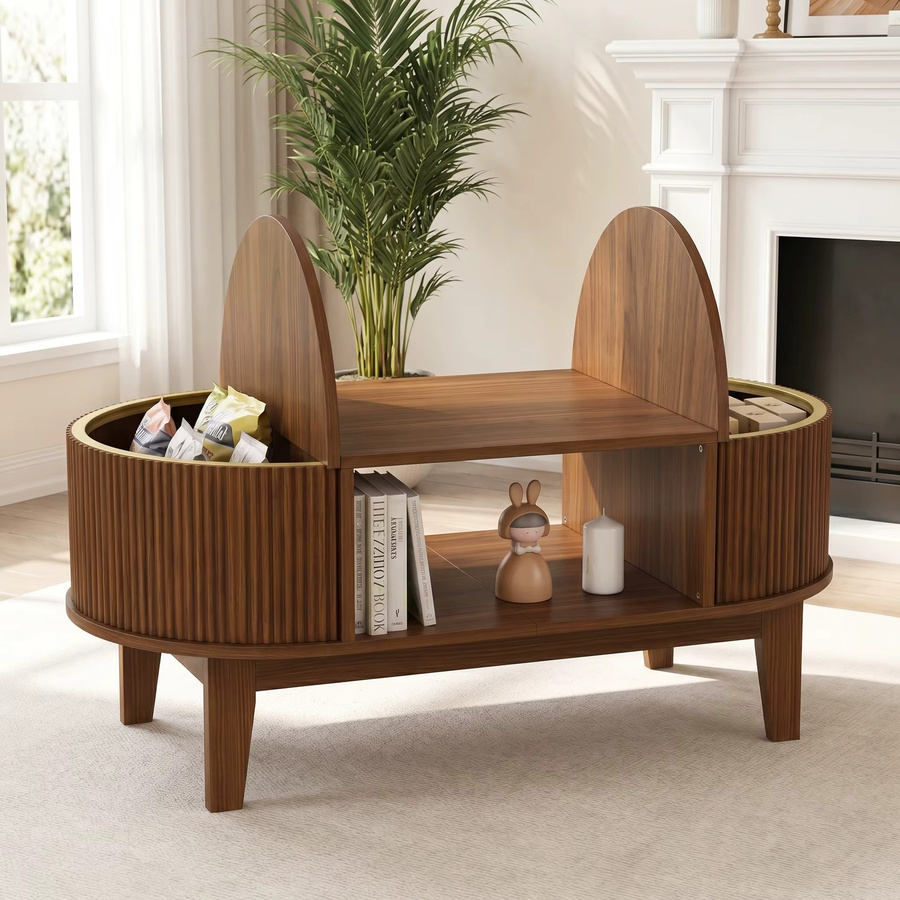 Moderner ovaler Couchtisch WoodenAura aus Walnussholz mit Aufbewahrungsfächern im skandinavischen Design, Farbe: Walnuss, B/T: 100 x 50 cm - Bild 4