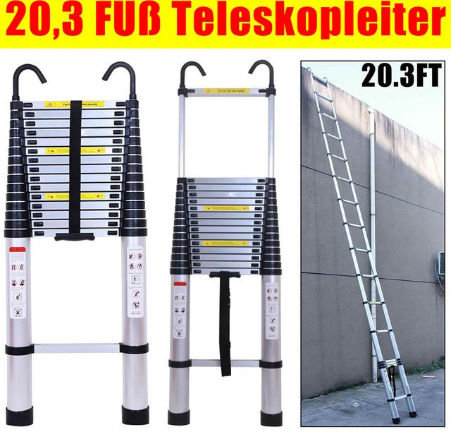 DayPlus Teleskopleiter aus Aluminium mit Haken, silber, Höhe: 6,2 m - Bild 1