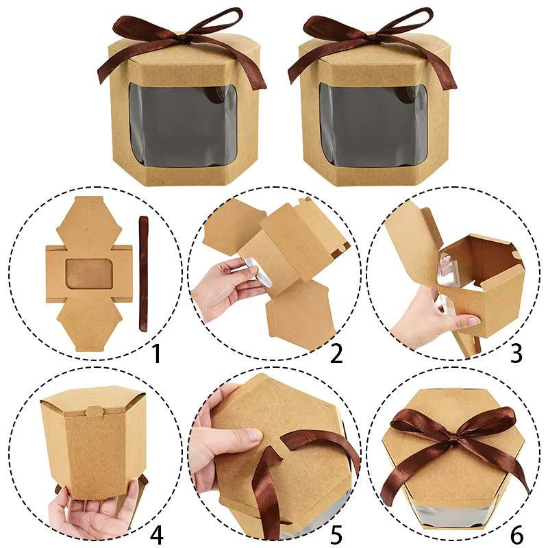 5er Set sechseckige Geschenkboxen aus braunem Kraftpapier mit transparentem Fenster und Schleifenband von ZQCXLD für Hochzeit und Geburtstag - Bild 3
