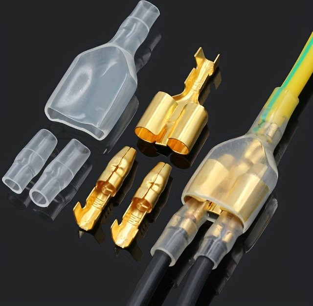 10 Sätze Kabelverbinder Set in Gold mit männlichen und weiblichen Anschlussklemmen sowie Schutzkappen für Kabelquerschnitte von 0,3 mm² bis 1,5 mm² (AWG22 bis AWG16) - Bild 1