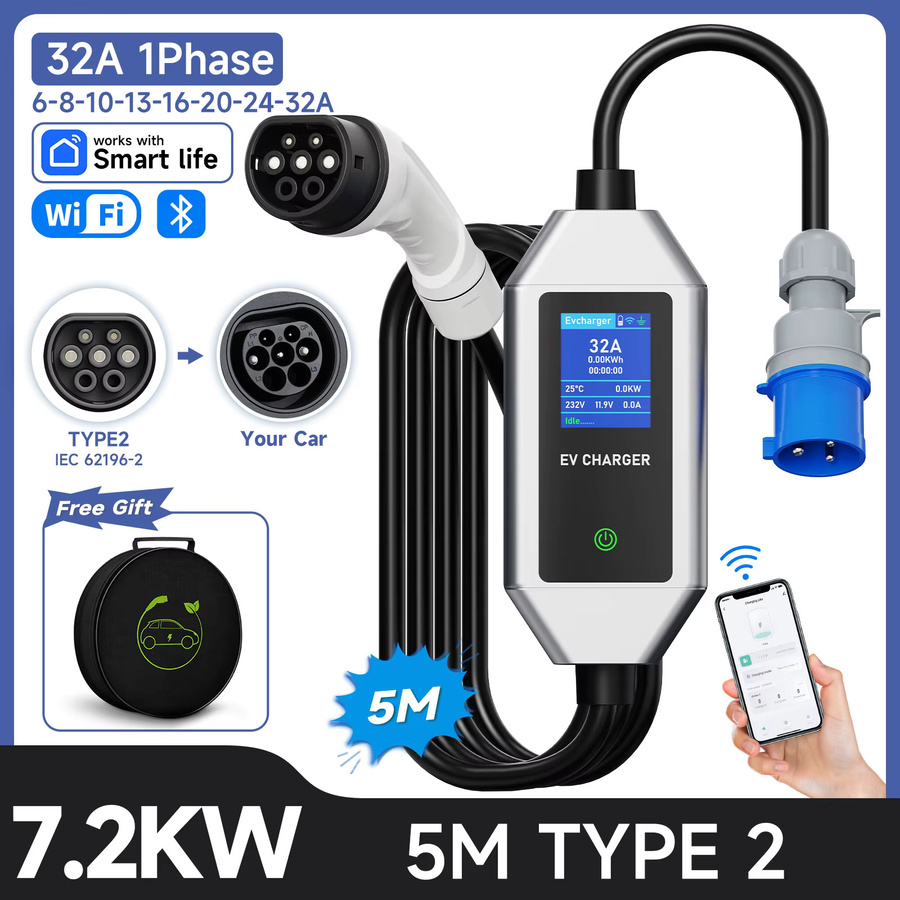 JNTAFEV Tragbares Elektrofahrzeug-Ladegerät 7,2kW 32A mit WLAN-App-Steuerung, Typ2 IEC62196-2, Typ1 J1772, GB/T und CEE-Stecker, Farbe: Grau - Bild 8