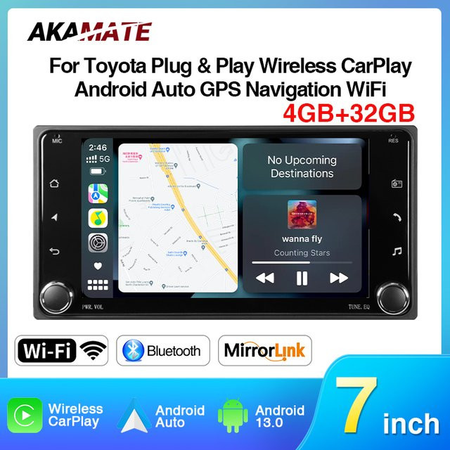 AKAMATE Universal Auto Radio für Toyota mit 7 Zoll Display, Android 13, kabelloses CarPlay, Android Auto, Bluetooth und WiFi, Schwarz - Bild 1