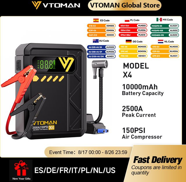 VTOMAN X4 2500A Auto-Starthilfe mit integrierter Luftpumpe 150 PSI in Schwarz für Motoren bis 8,5 l und 6,0 l - Bild 1