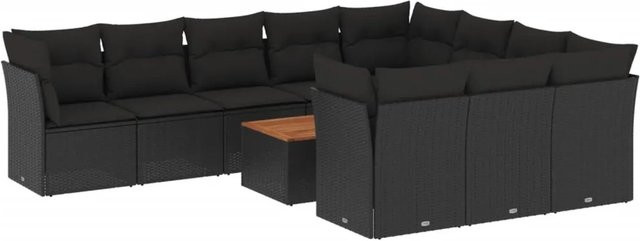 vidaXL 11-tlg. Garten-Sofagarnitur aus Poly-Rattan und Akazienholz in Schwarz mit Kissen und Gartentisch - Bild 1
