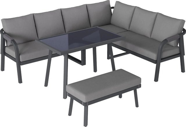okwish Garten-Essgruppe mit Tisch, Bank und Stühlen aus Stahl und Glas in Grau für bis zu 8 Personen - Bild 1