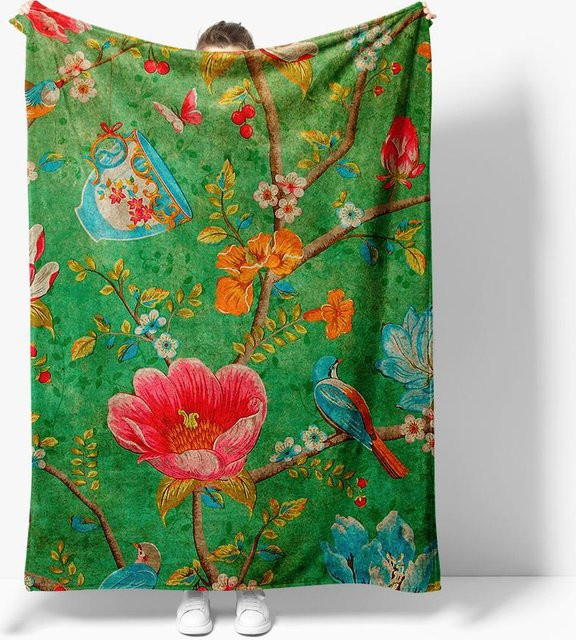 JMG Household Supplies Vintage Blumen-Paisley-Überwurf mit passendem Vogel-Kissenbezug in Multicolour, B/B: 100 x 130 cm - Bild 1