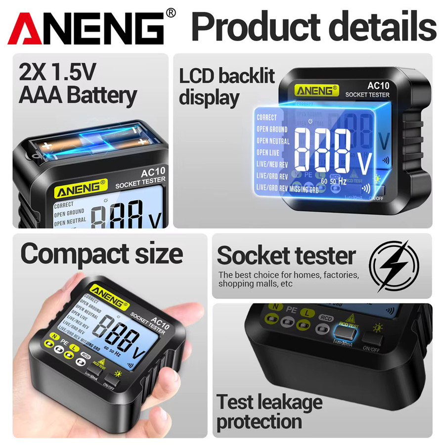 ANENG AC10 Steckdose Tester zur Prüfung von Polarität und Phase in Schwarz - Bild 5