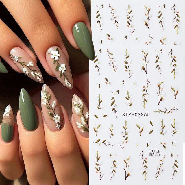 Full Beauty Nagelaufkleber, Jasminblüten mit grünen Blättern, 2 Stück - Bild 1