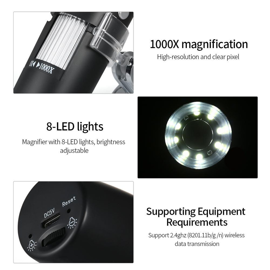 Honor Electronics USB-Digitalmikroskop mit 1000-facher Vergrößerung und Standlupe inklusive 8-LED-Beleuchtung in Schwarz/Silber - Bild 4
