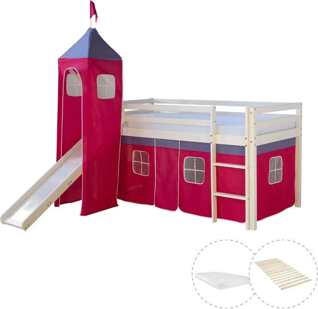 Homestyle4u Kinder Hochbett aus Kiefernholz mit Rutsche, Turm, Vorhang und Matratze in Weiß - Bild 1
