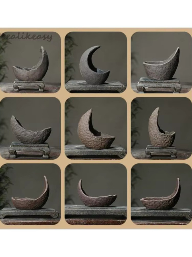 Handgemachter Keramik-Blumentopf in Mondform aus lila Sand, ideal als Desktop-Dekoration für Bonsai oder Pflanzen - Bild 3