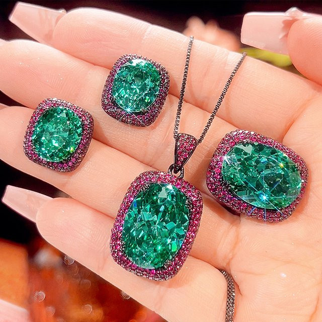 LJDZSW Schmuck-Set, smaragdgrüner ovaler Edelstein, rosa Zirkonia, Damen, Vintage - Bild 1