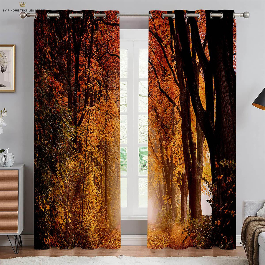 Yiran Furniture Vorhänge mit herbstlicher Waldlandschaft im pastoralen Stil, 2er-Set, Polyester, Mehrfarbig, Breite: 50 cm, Höhe: 130 cm - Bild 1