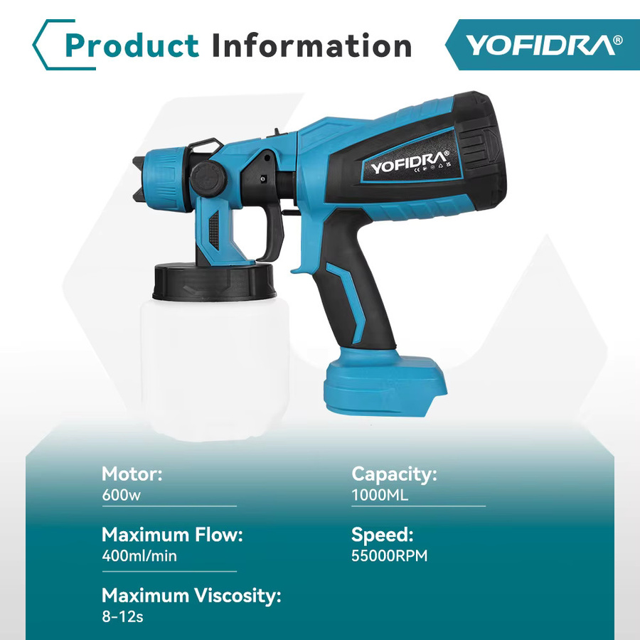YOFIDRA Elektrische Spritzpistole Blau, Tragbares Schnurloses Farbspritzgerät für Lackierungen mit 1000 ml Fassungsvermögen, Kompatibel mit Makita 18V Akku - Bild 5