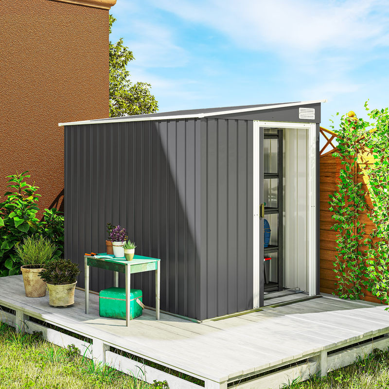 Outsunny Metall Gerätehaus aus verzinktem Stahl mit Pultdach und Schiebetür, Dunkelgrau, B/T/H: 154 x 206,5 x 181 cm - Bild 3