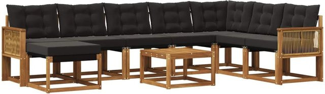 vidaXL Outdoor-Sofagarnitur in L-Form aus massivem Akazienholz mit Textilene und Kissen, Schwarz/Natur - Bild 1